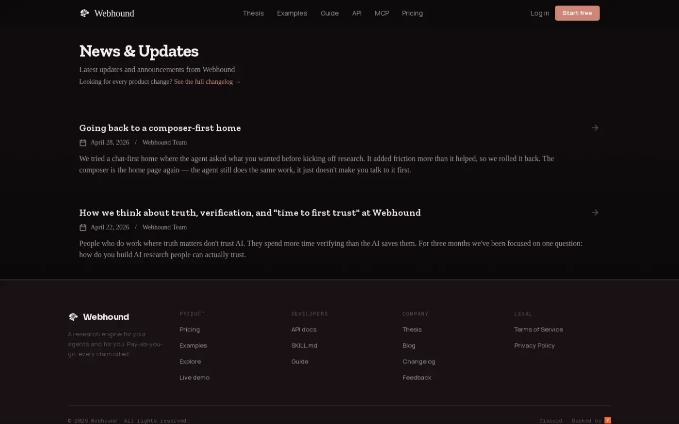 Webhound — A research engine for your agent — News page