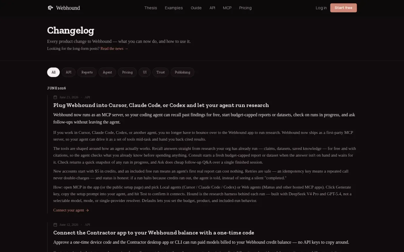 Webhound — A research engine for your agent — Changelog page