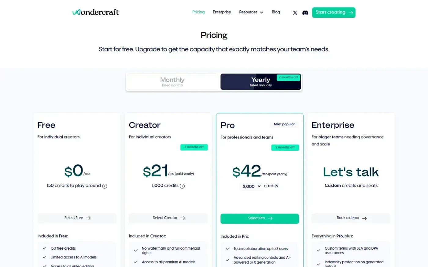 Wondercraft — Pricing page