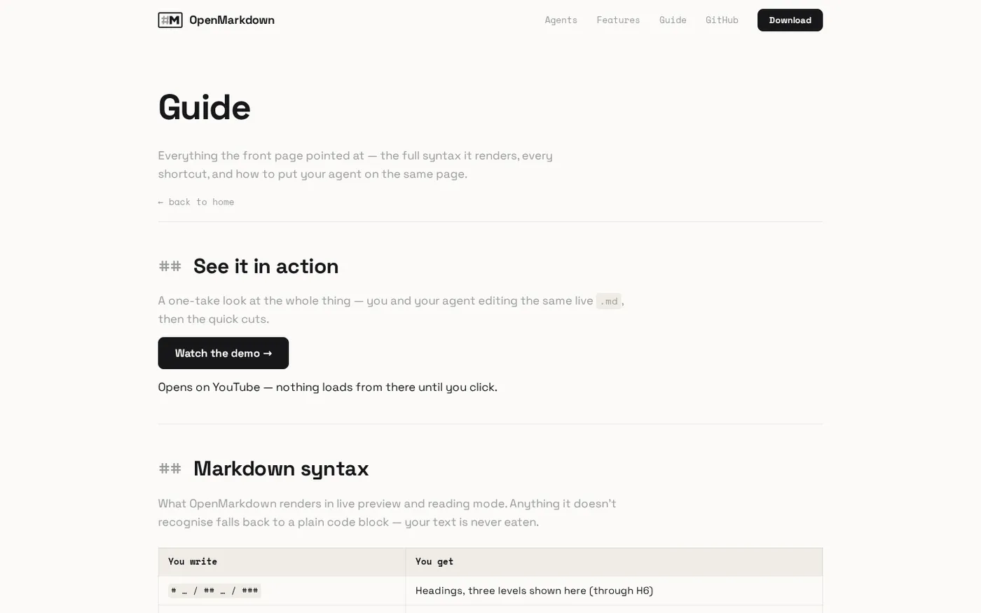 OpenMarkdown — A markdown editor you and your agent co-edit — Guide page