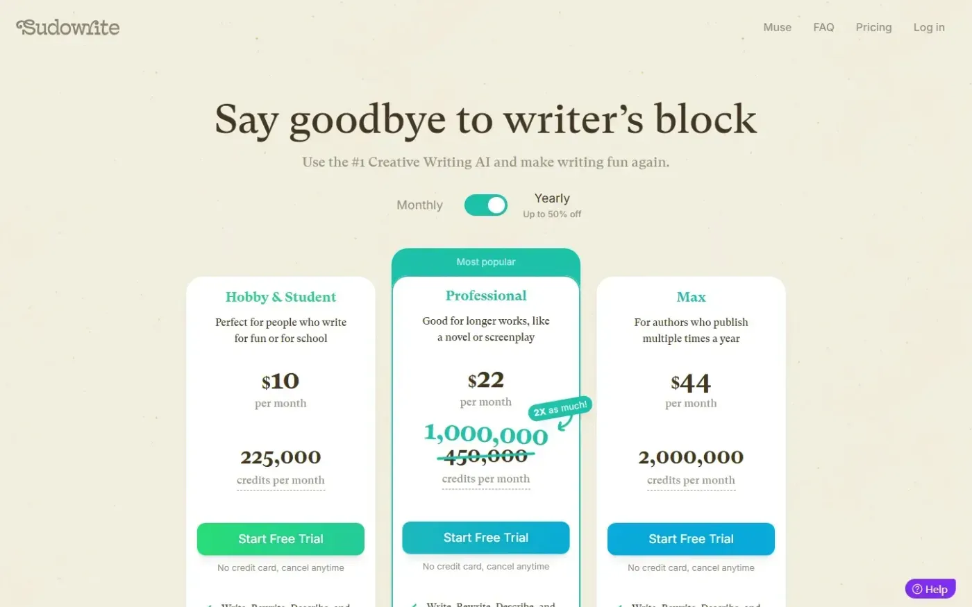 Sudowrite — Pricing page