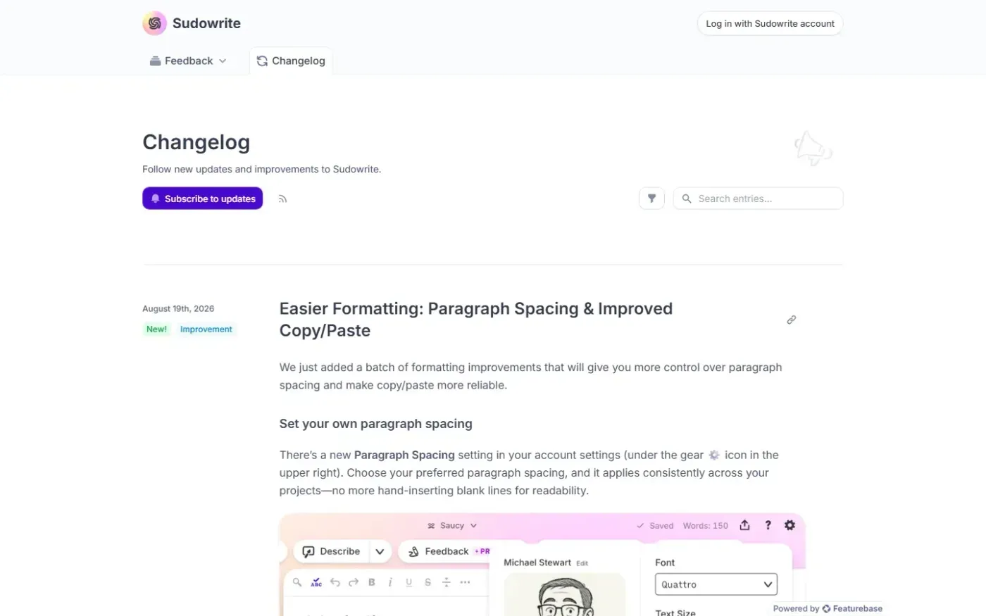 Sudowrite — Changelog page