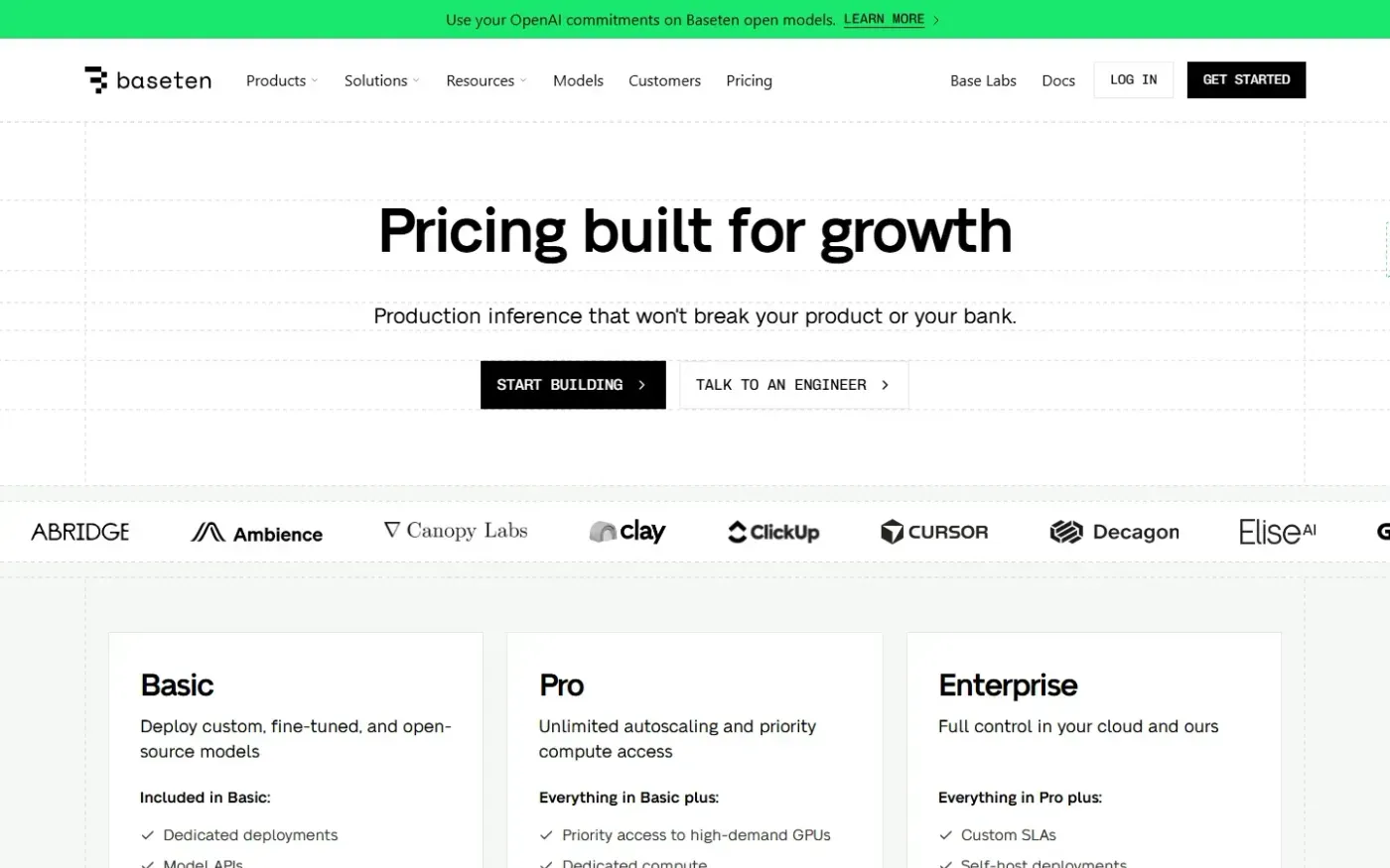 Baseten — Pricing page