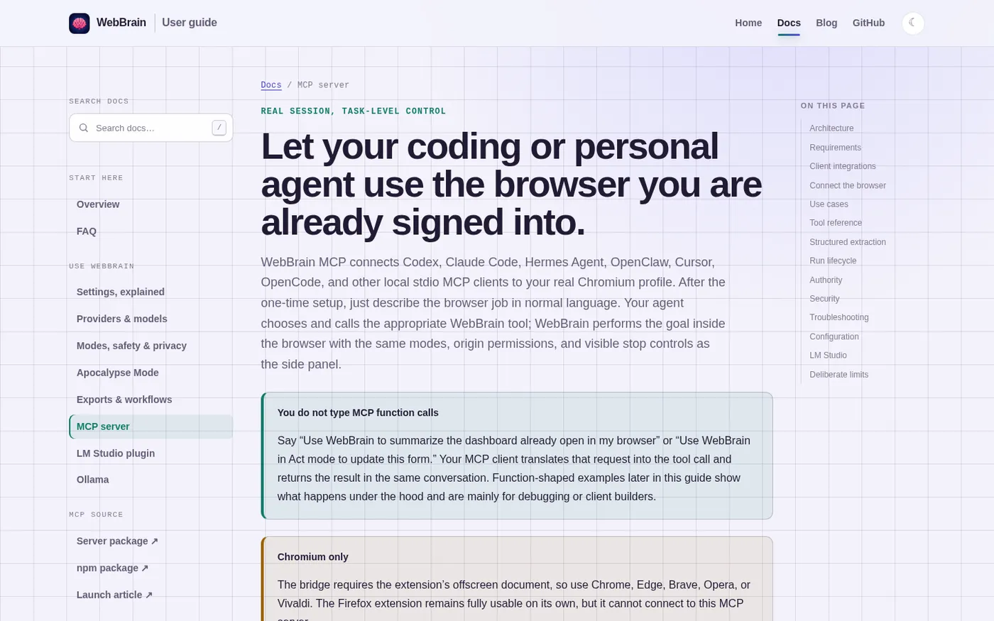 WebBrain — The sidebar agent for the rest of us — Docs page