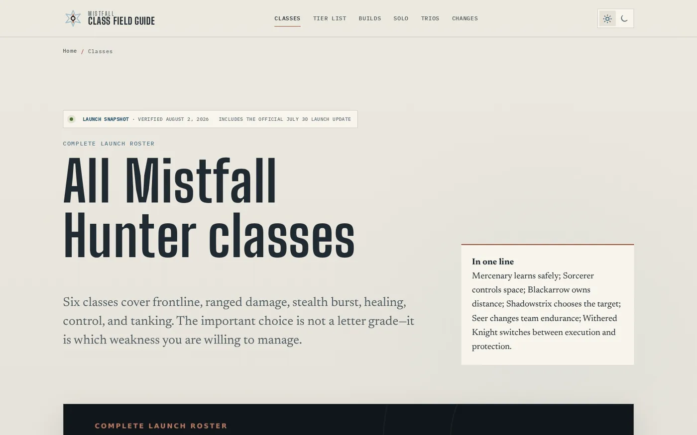 Mistfallhunterclasses — Classes page