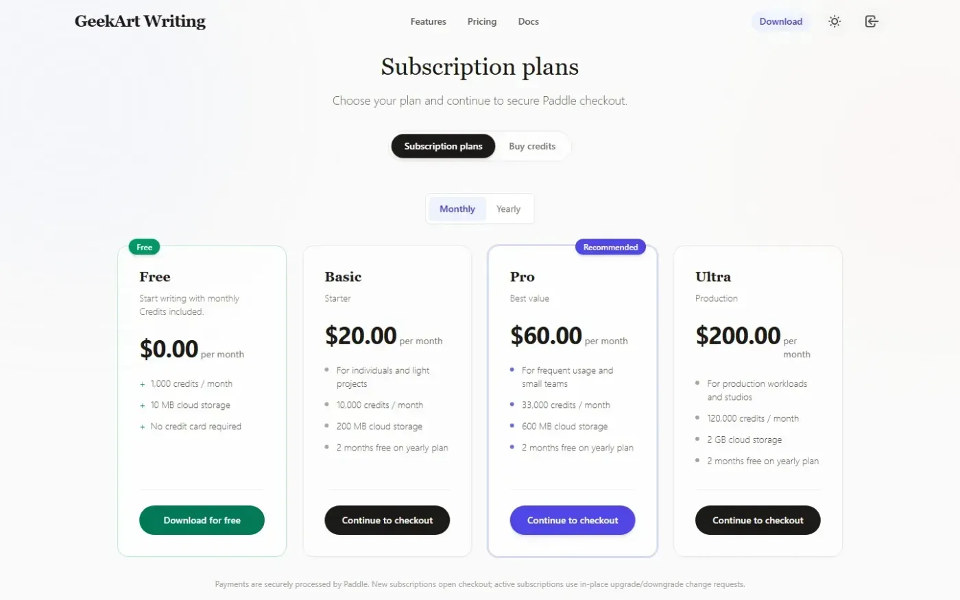 Geekart — Pricing page