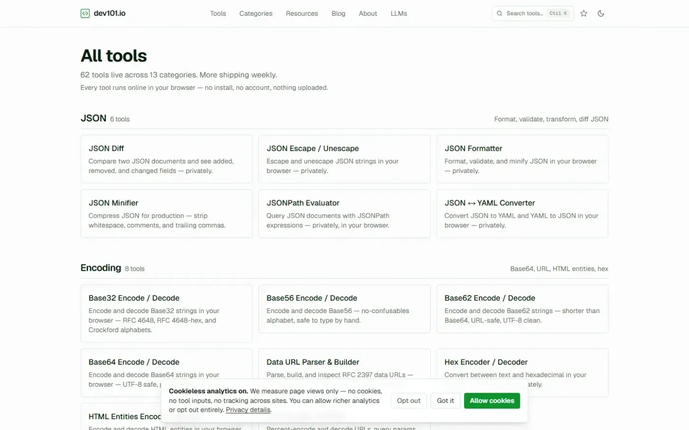 dev101.io — One box for every dev utility — runs in your browser — Tools page