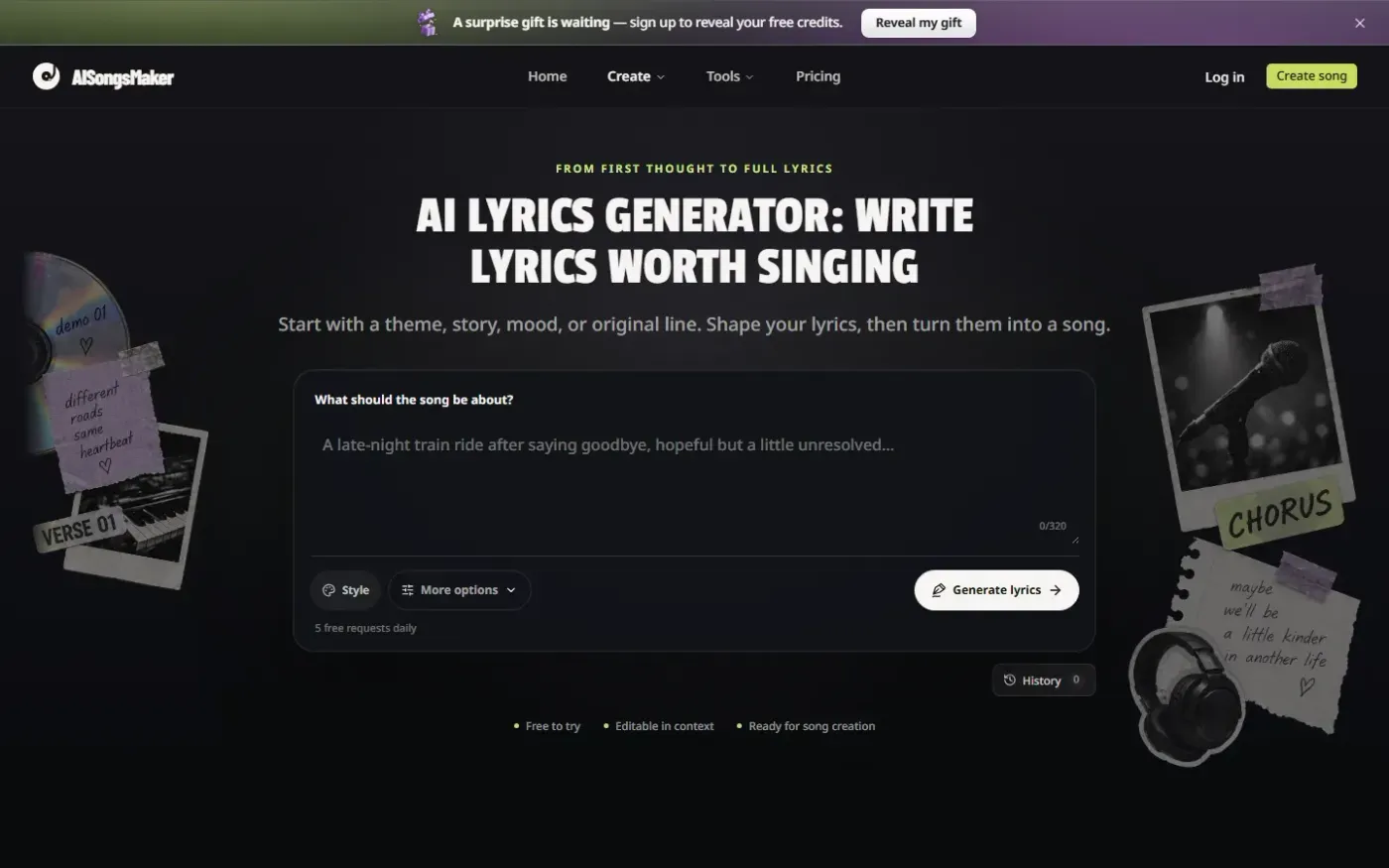 Aisongsmaker — Ai lyrics generator page