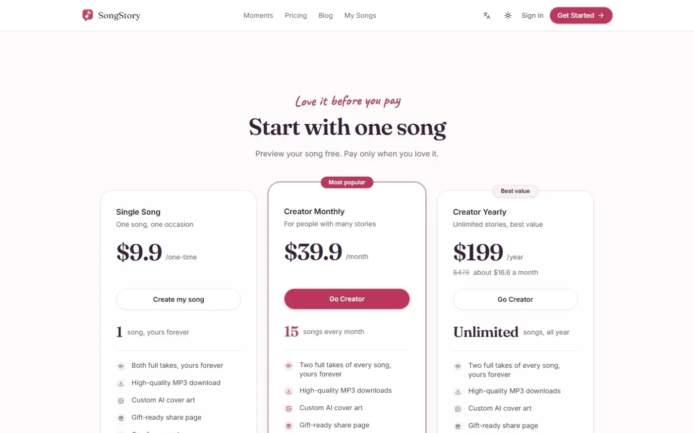 Songstory — Pricing page