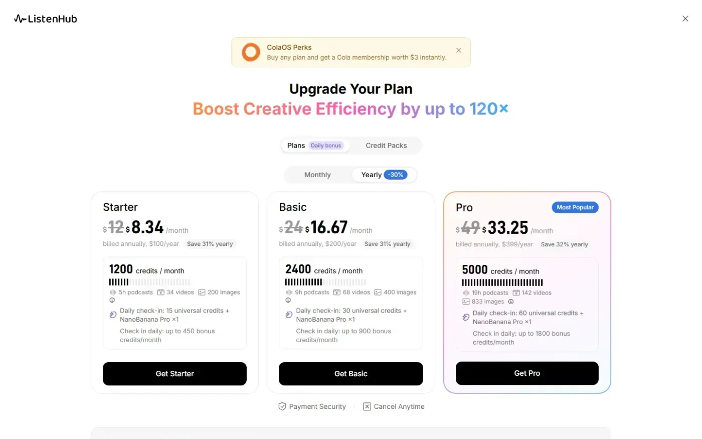 Listenhub — Pricing page