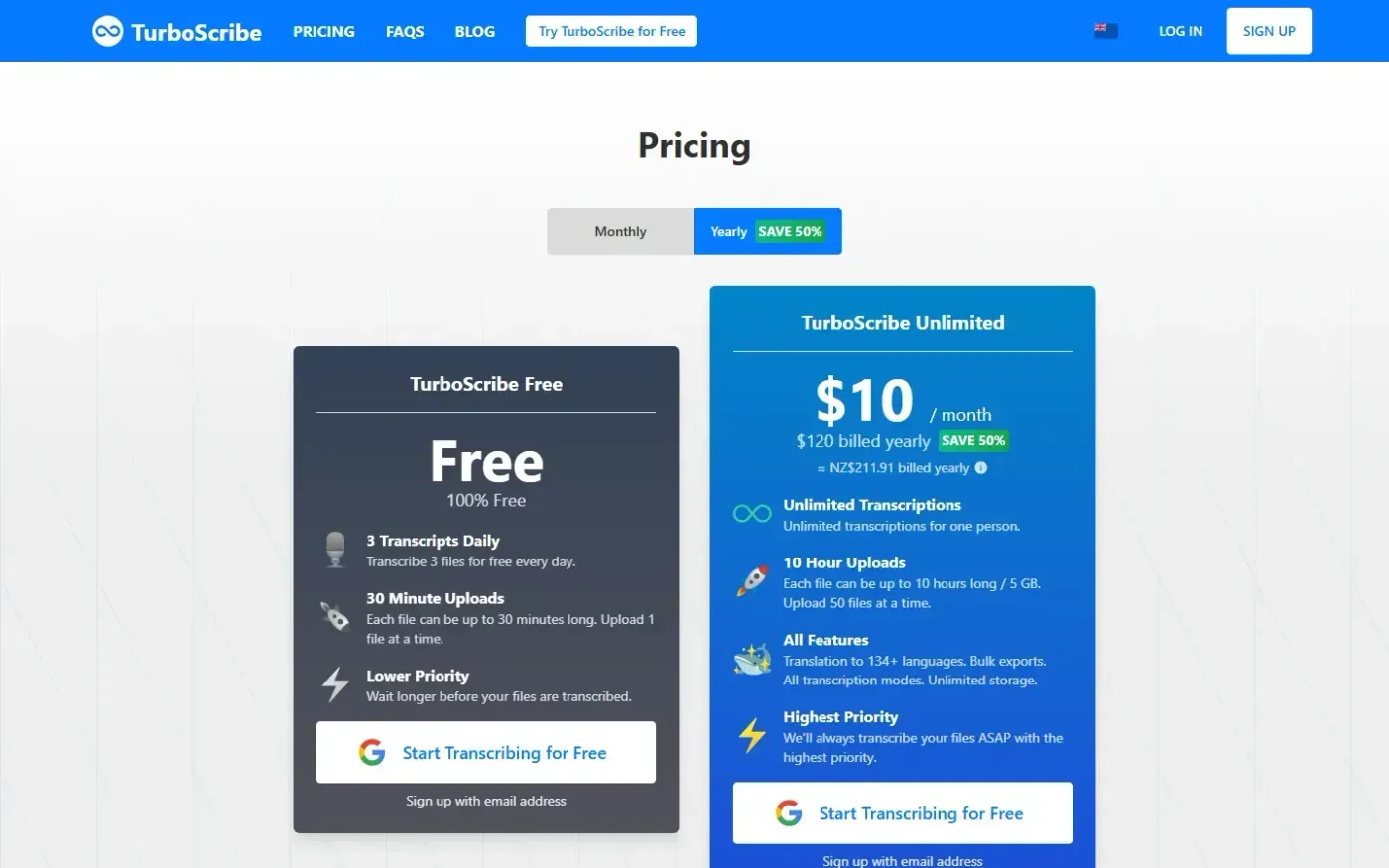 Turboscribe — Pricing page