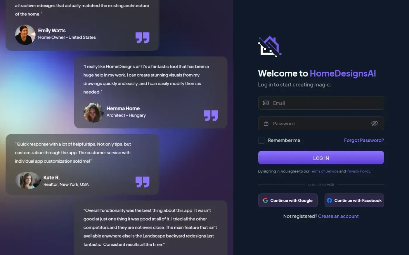 Homedesigns — Login page