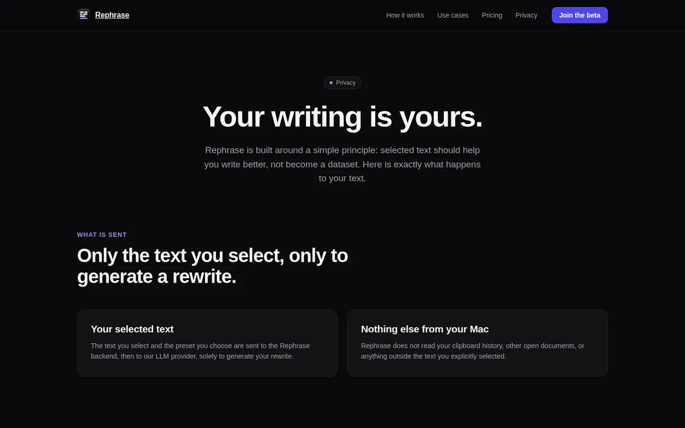 Rephrase — Rewrite selected text anywhere on your Mac. — Privacy page