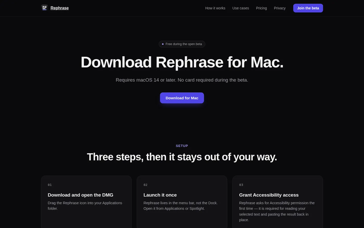 Rephrase — Rewrite selected text anywhere on your Mac. — Download page