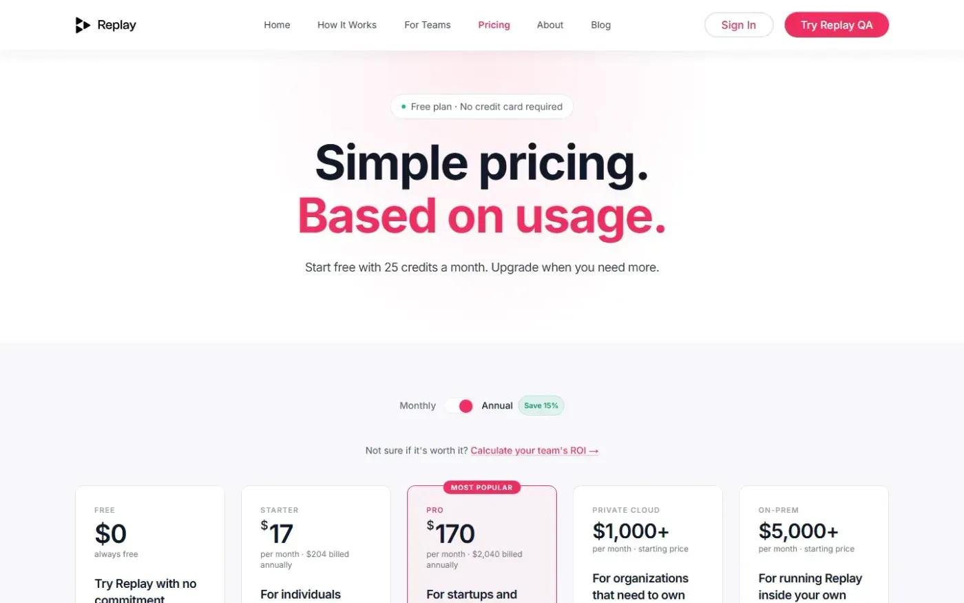 Replay QA for Teams — Autonomous QA for teams who ship faster than they can verify — Pricing page