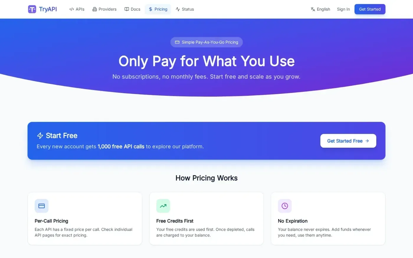 Tryapi — Pricing page