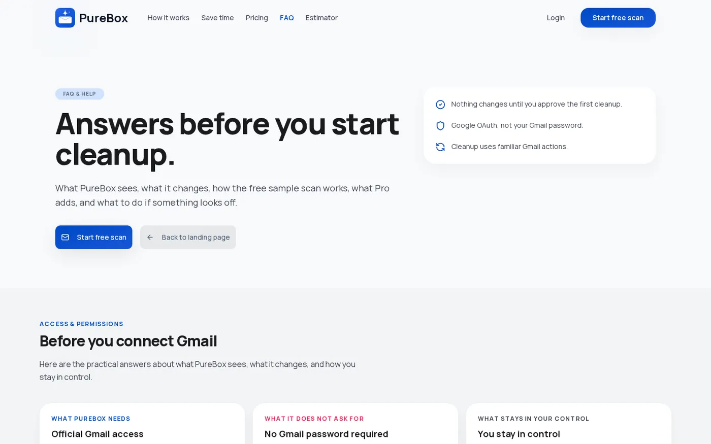 PureBox.ai — Review-first AI cleanup for your real Gmail inbox. — Faq page