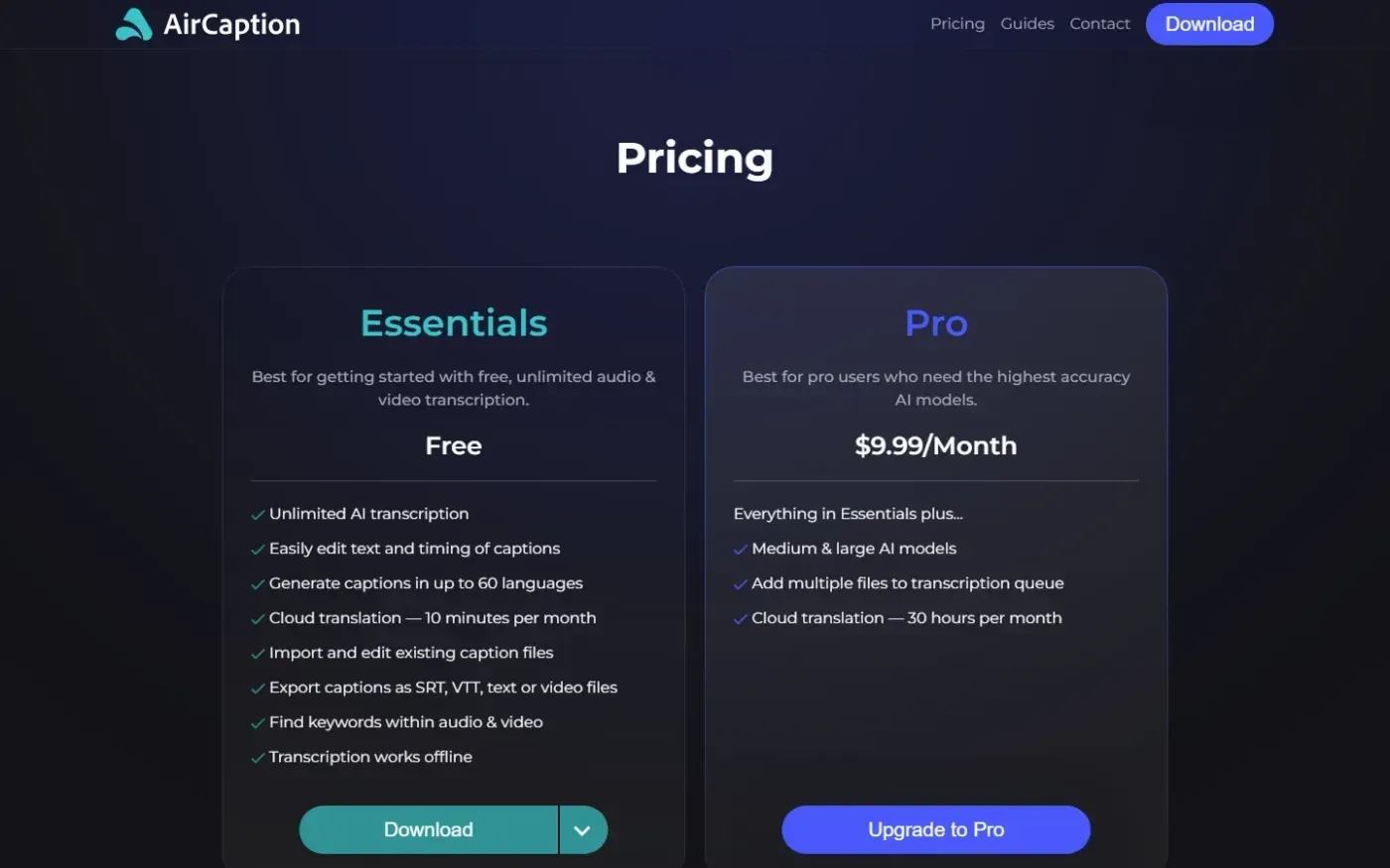 Aircaption — Pricing page