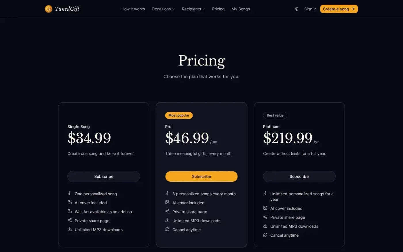 Tunedgift — Pricing page