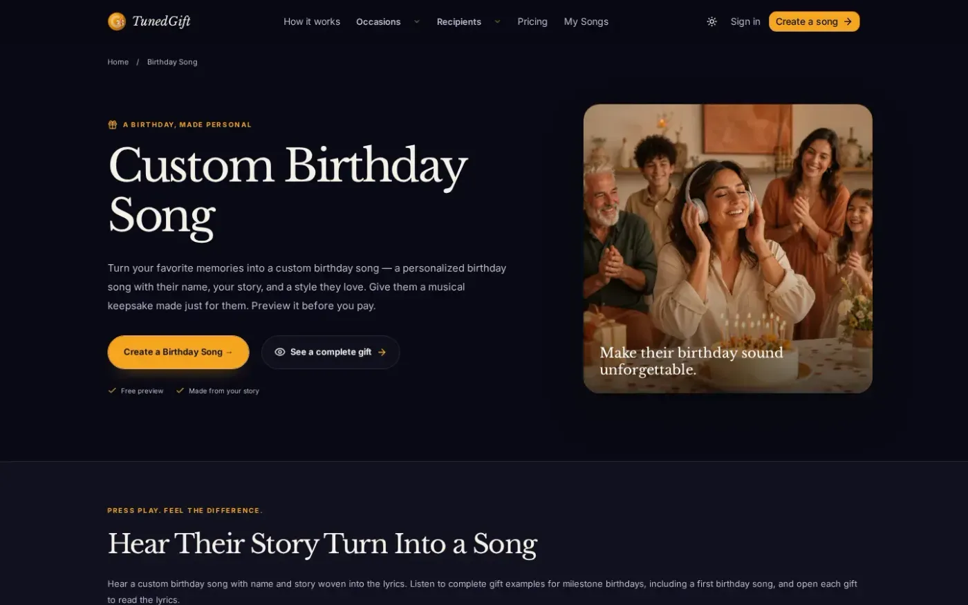 Tunedgift — Birthday song page