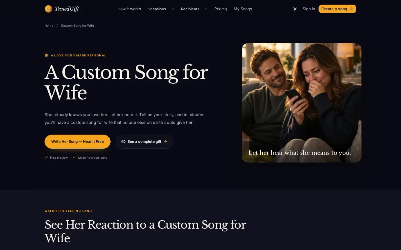 Tunedgift — Custom song for wife page