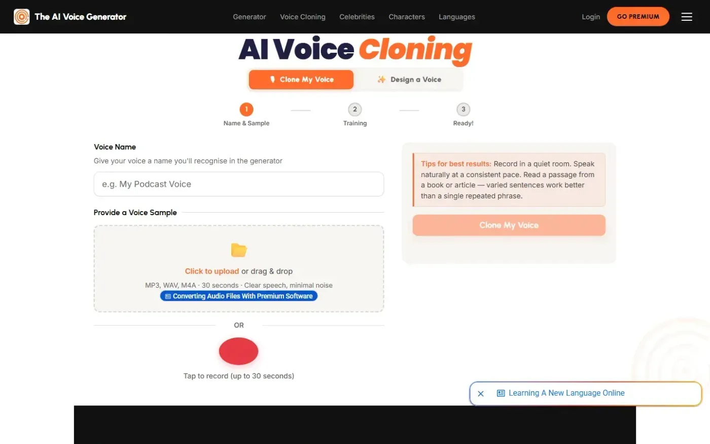 Theaivoicegenerator — Voice cloning page