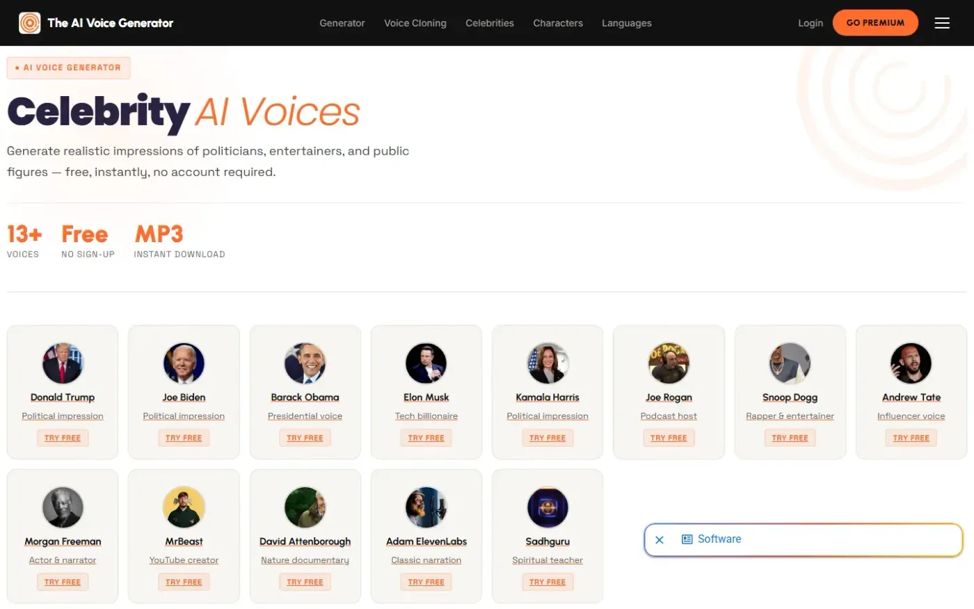 Theaivoicegenerator — Celebrity ai voice generator page