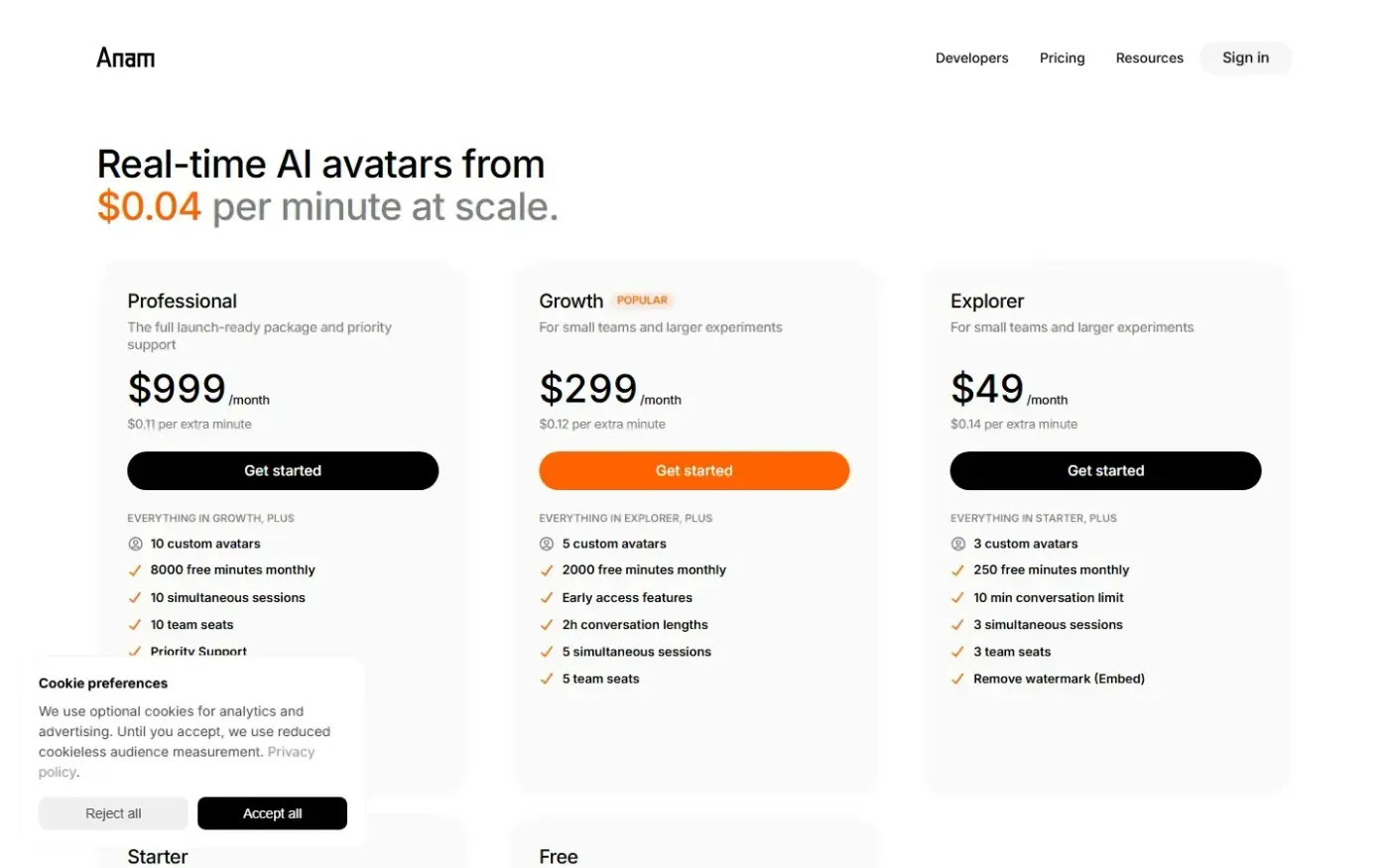 Anam — Pricing page