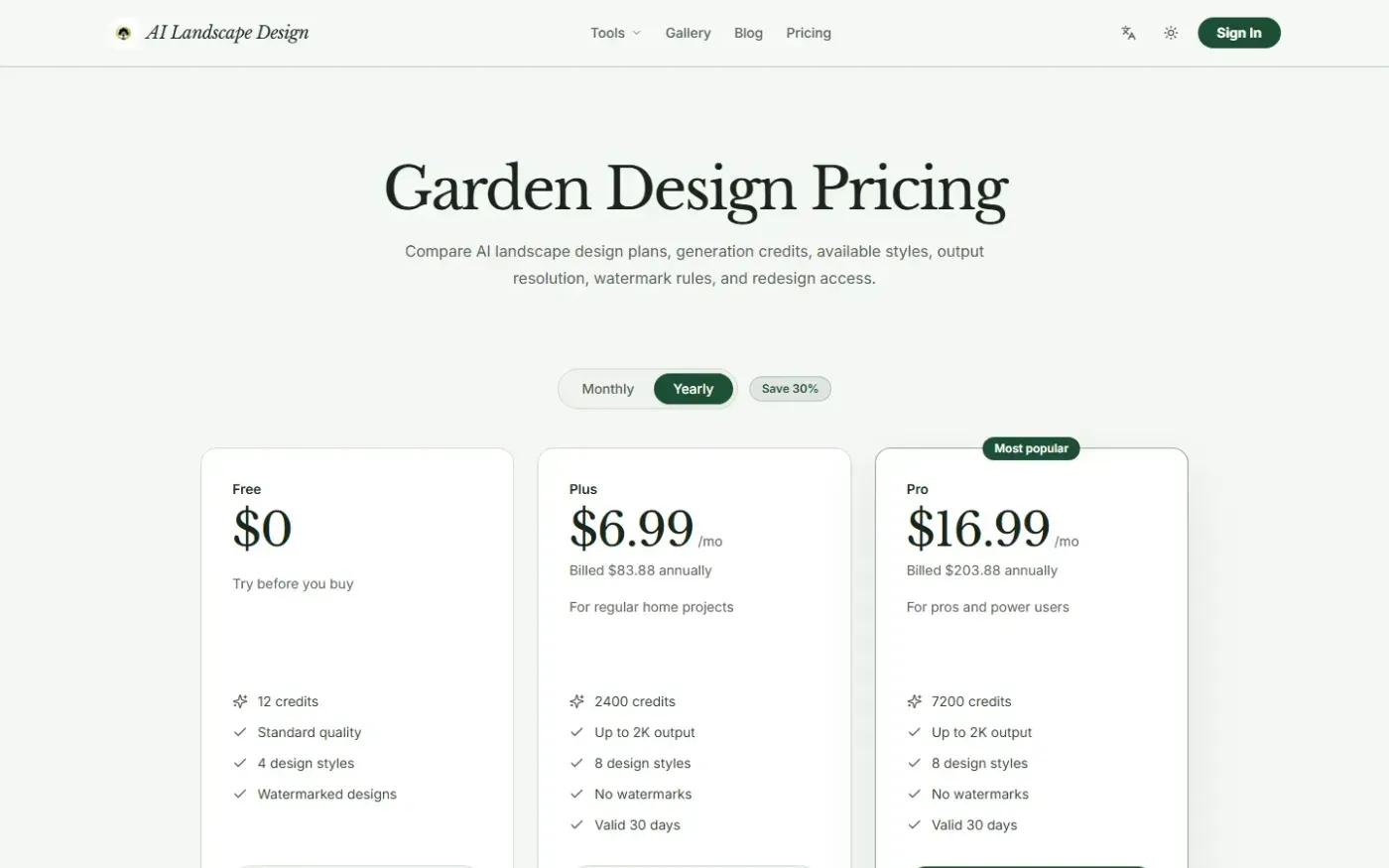 Ailandscape — Pricing page