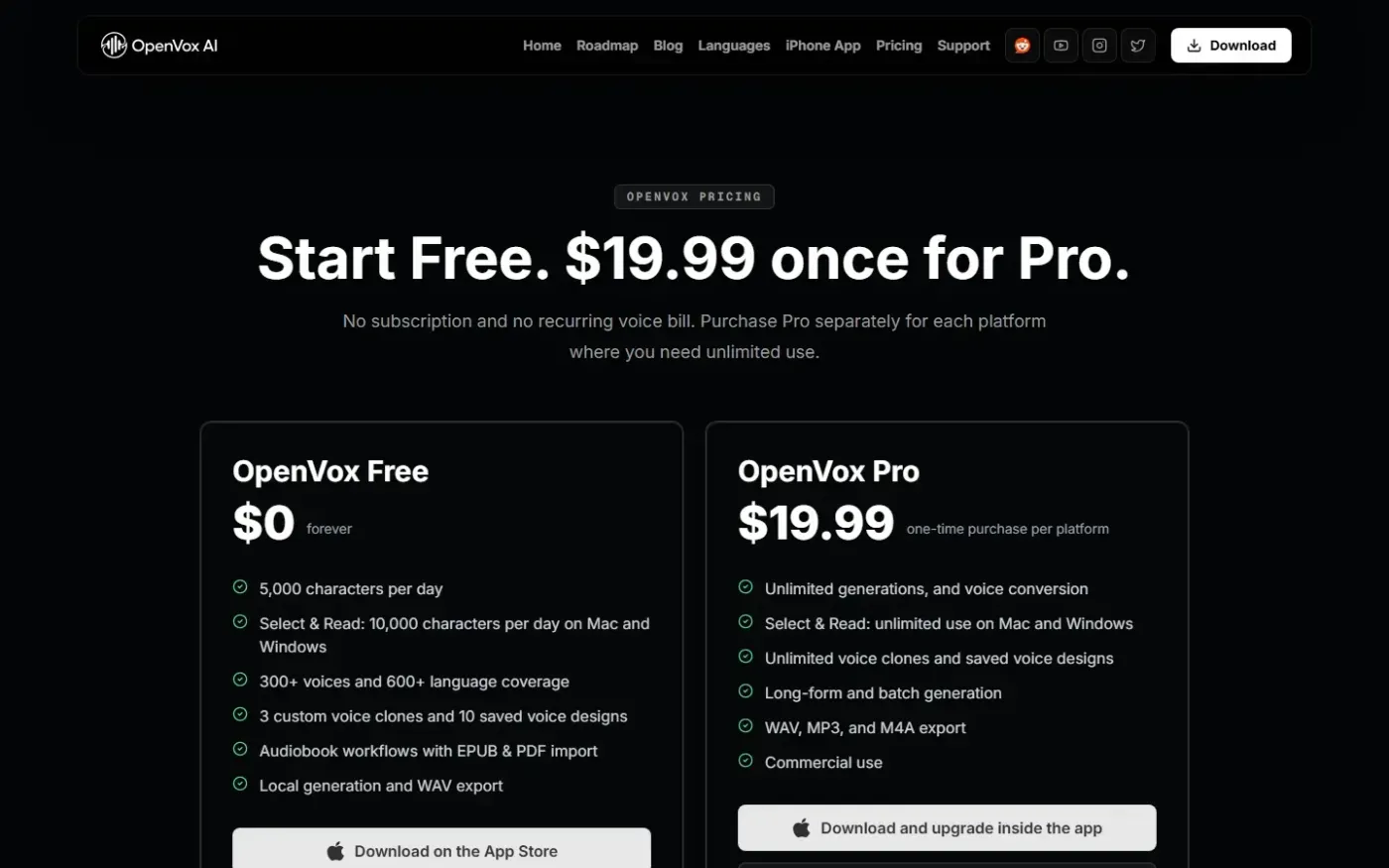 Openvoxai — Pricing page