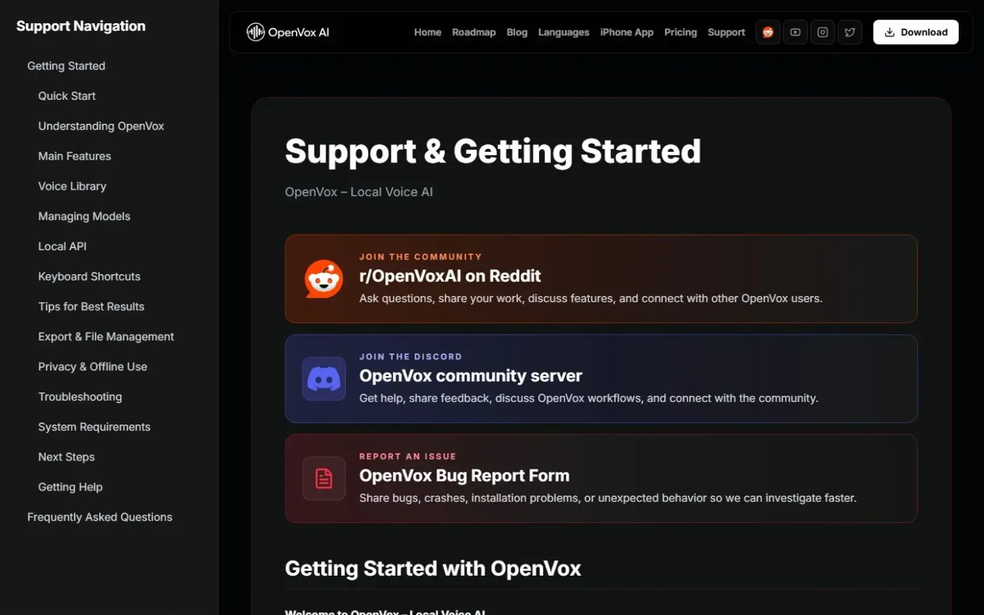 Openvoxai — Support page