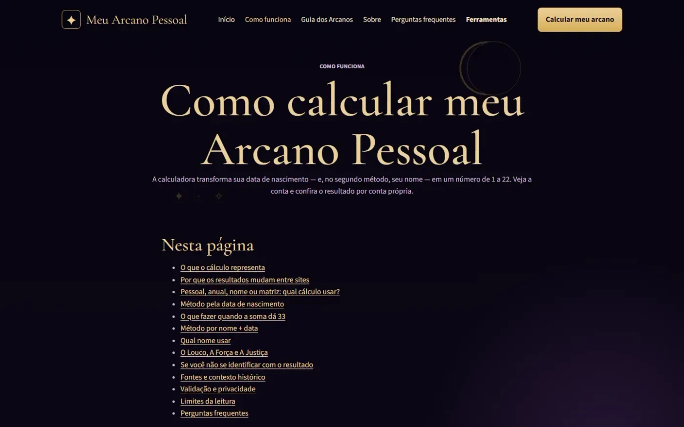 Meuarcanopessoal — Metodologia page