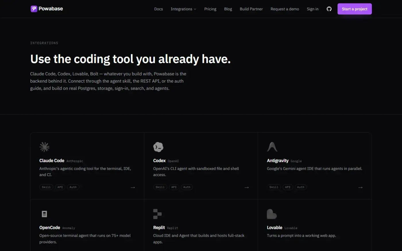 Powabase — Integrations page