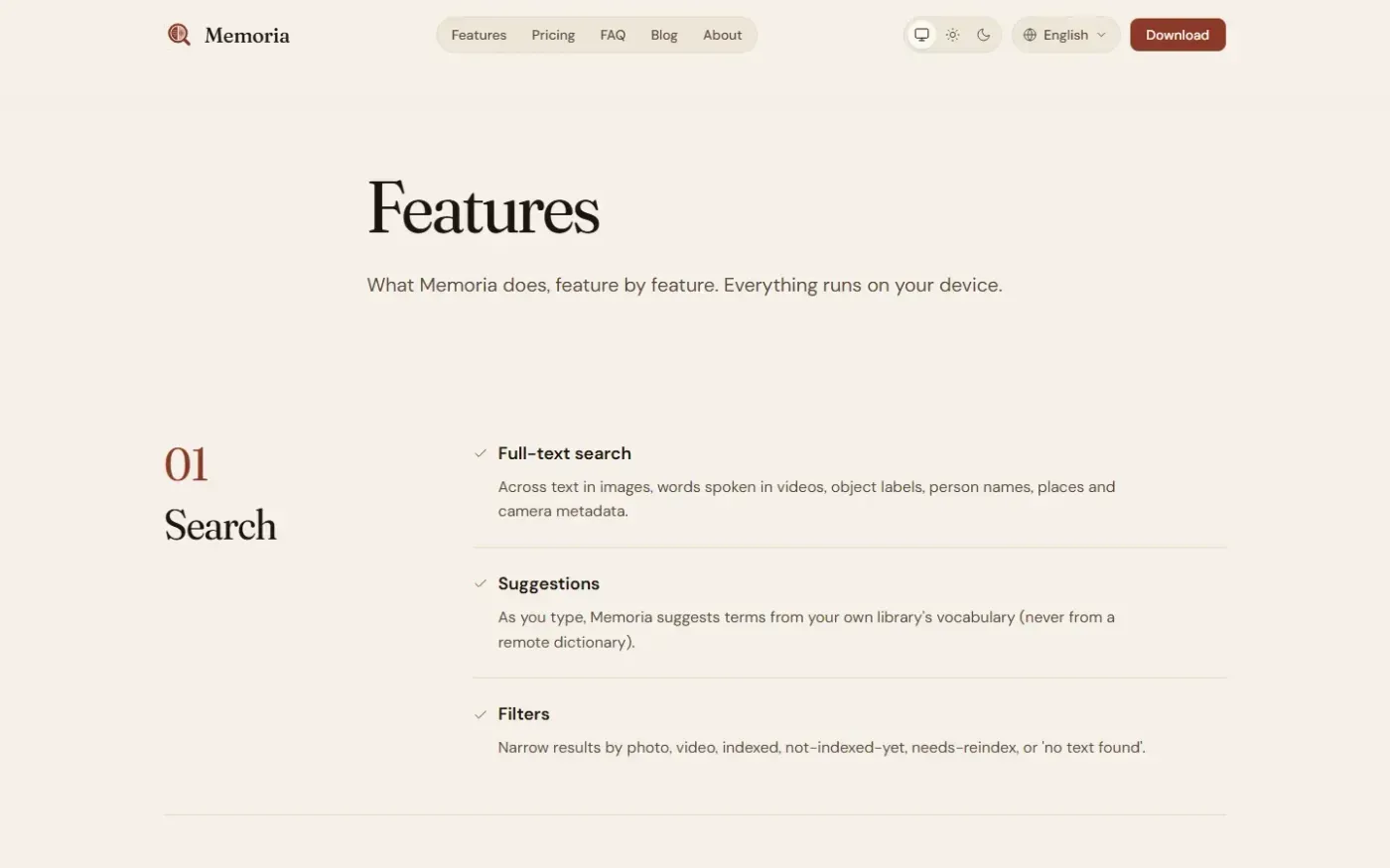 Memoria — Search photos by text, speech, object & faces. 100% offline. — Features page