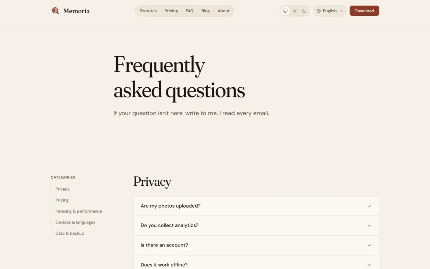 Memoria — Search photos by text, speech, object & faces. 100% offline. — Faq page