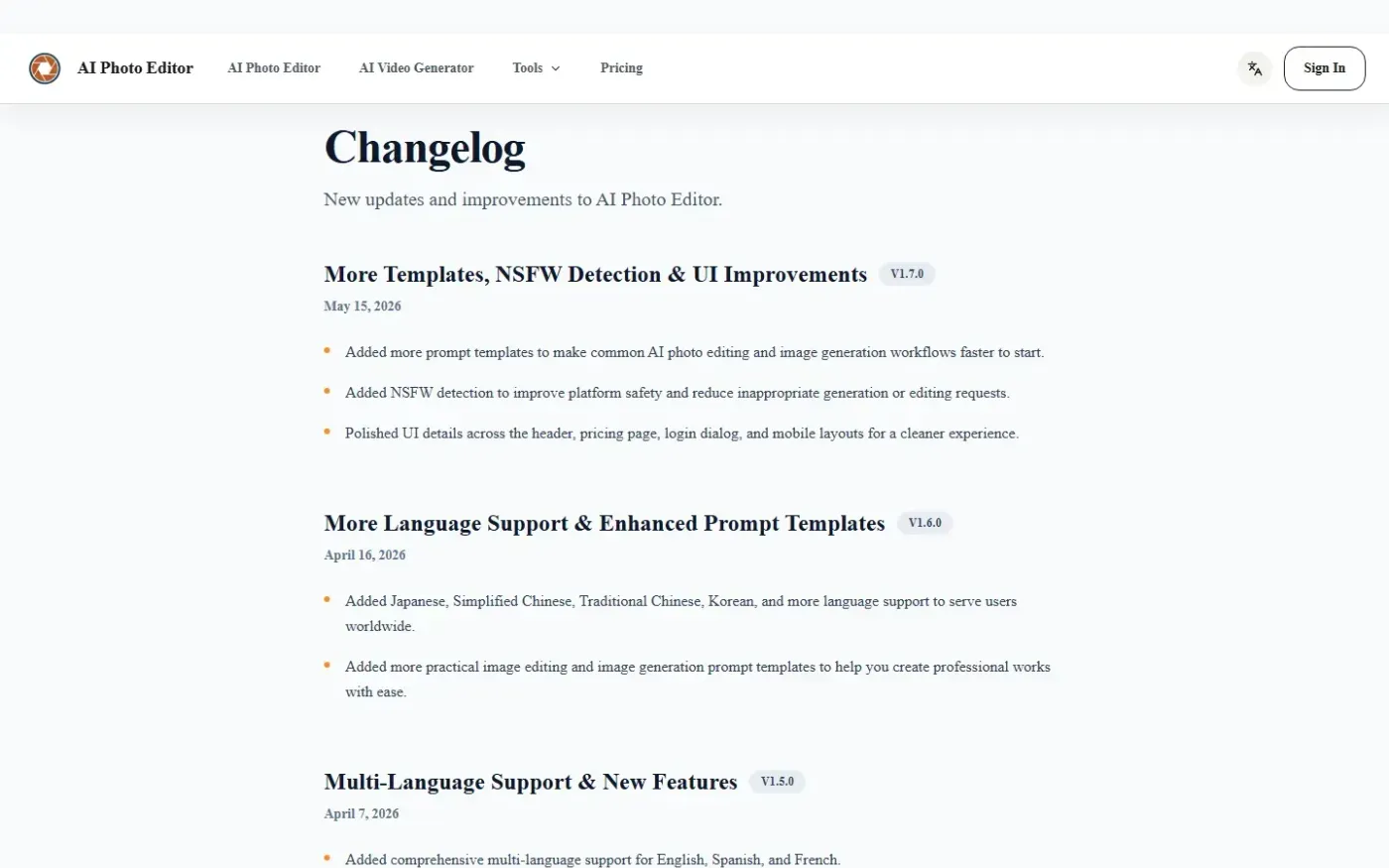 Aiphotoeditor — Changelog page
