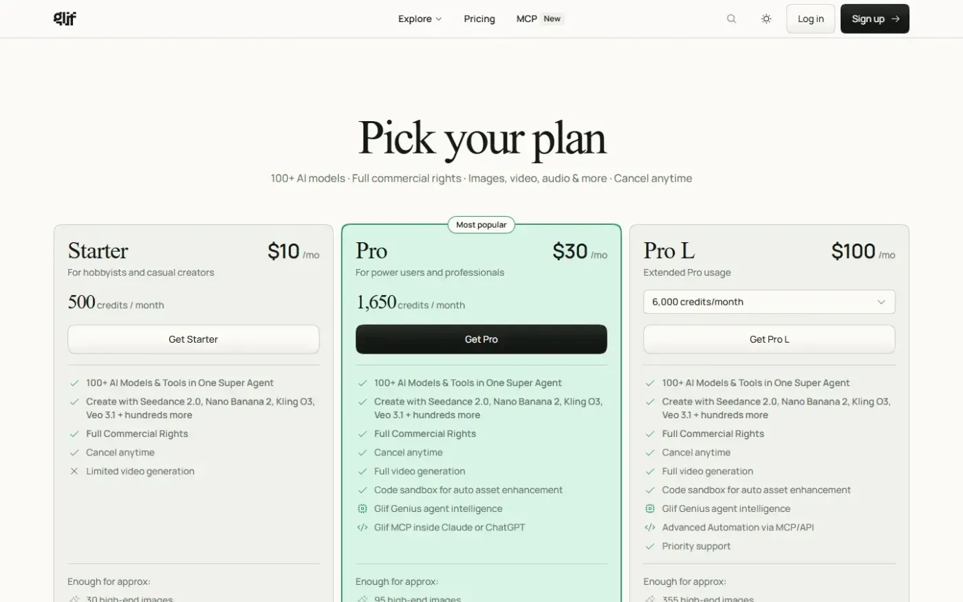 Glif — Pricing page