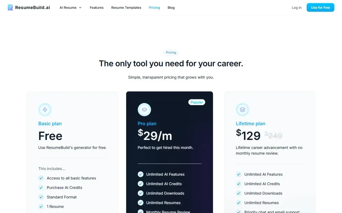 Resumebuild — Pricing page