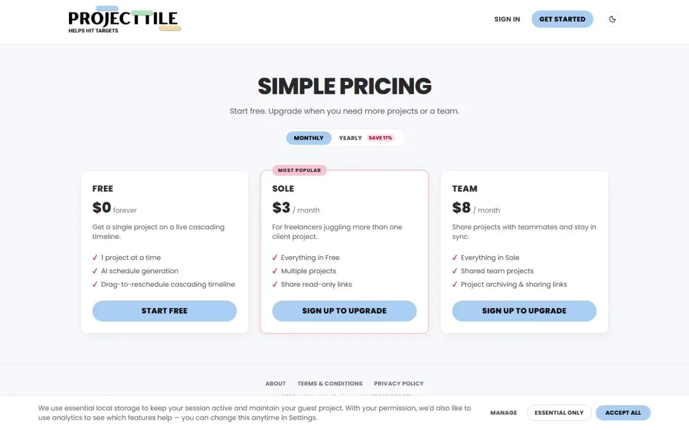Projecttile — Pricing page
