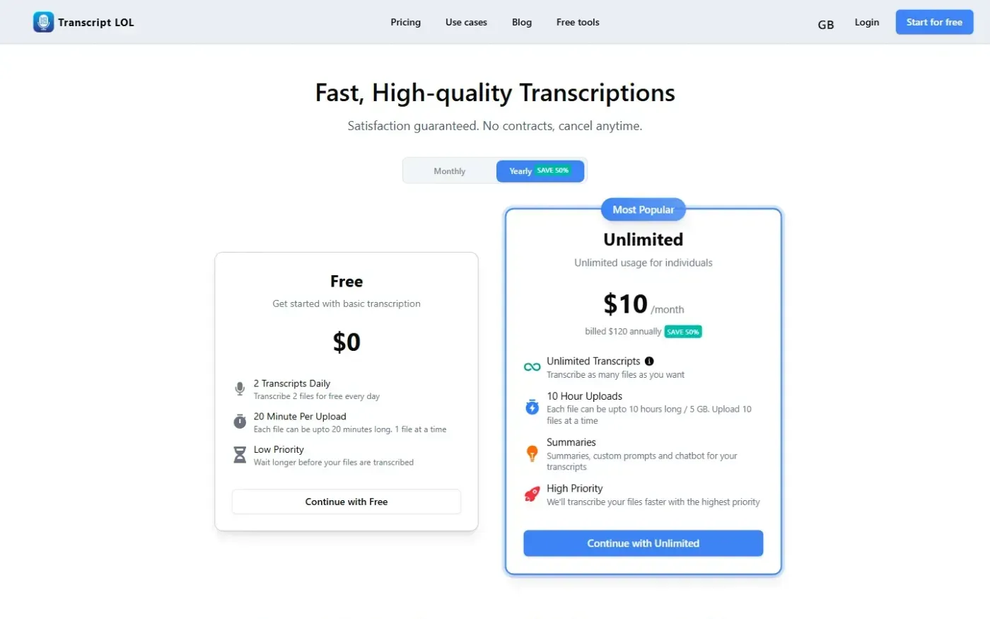 Transcript — Pricing page