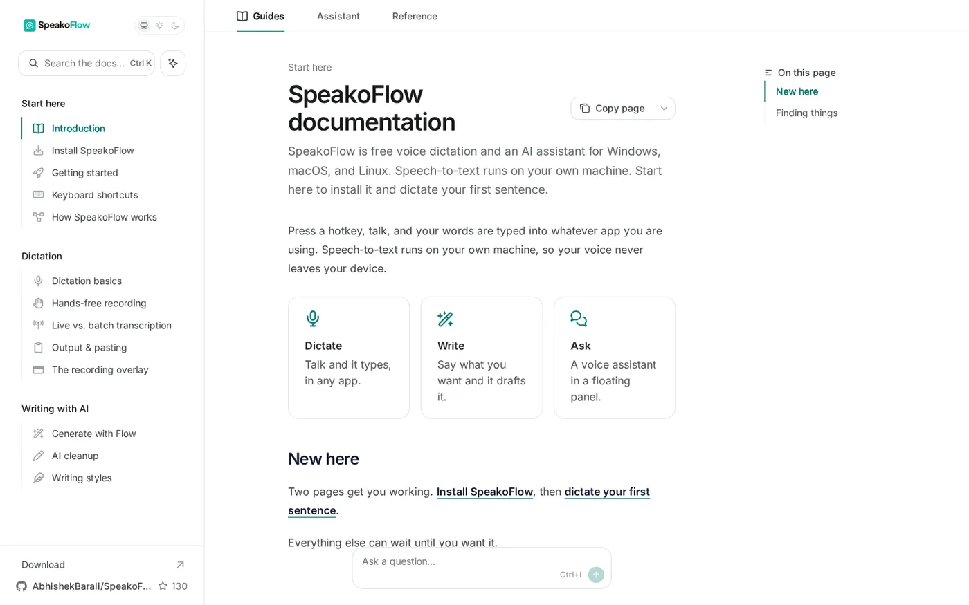 SpeakoFlow — Free, open-source voice dictation and AI assistant, offline — Docs page