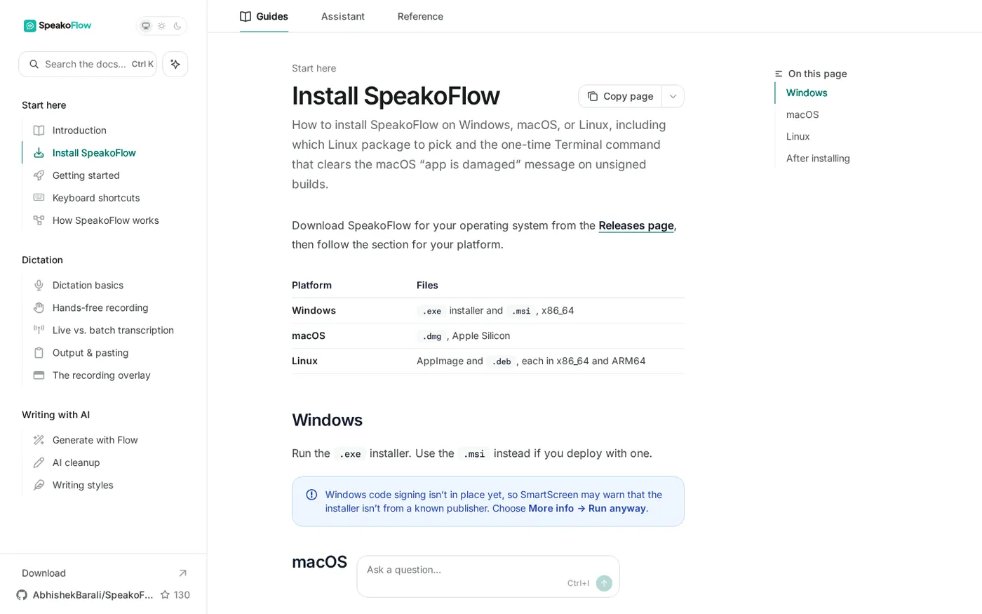 SpeakoFlow — Free, open-source voice dictation and AI assistant, offline — Docs page