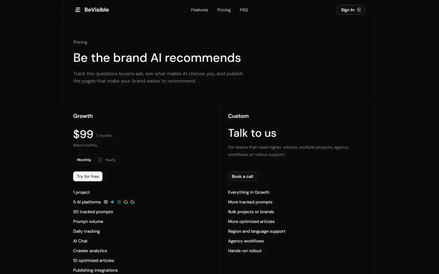 Bevisible — Pricing page