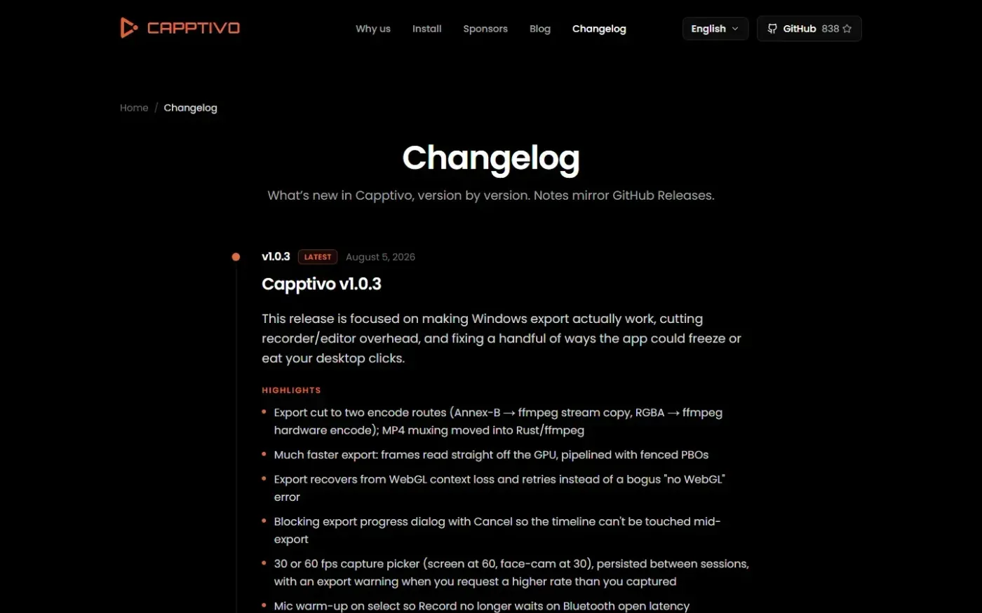 Capptivo — Free open-source screen recorder & demo editor — Changelog page