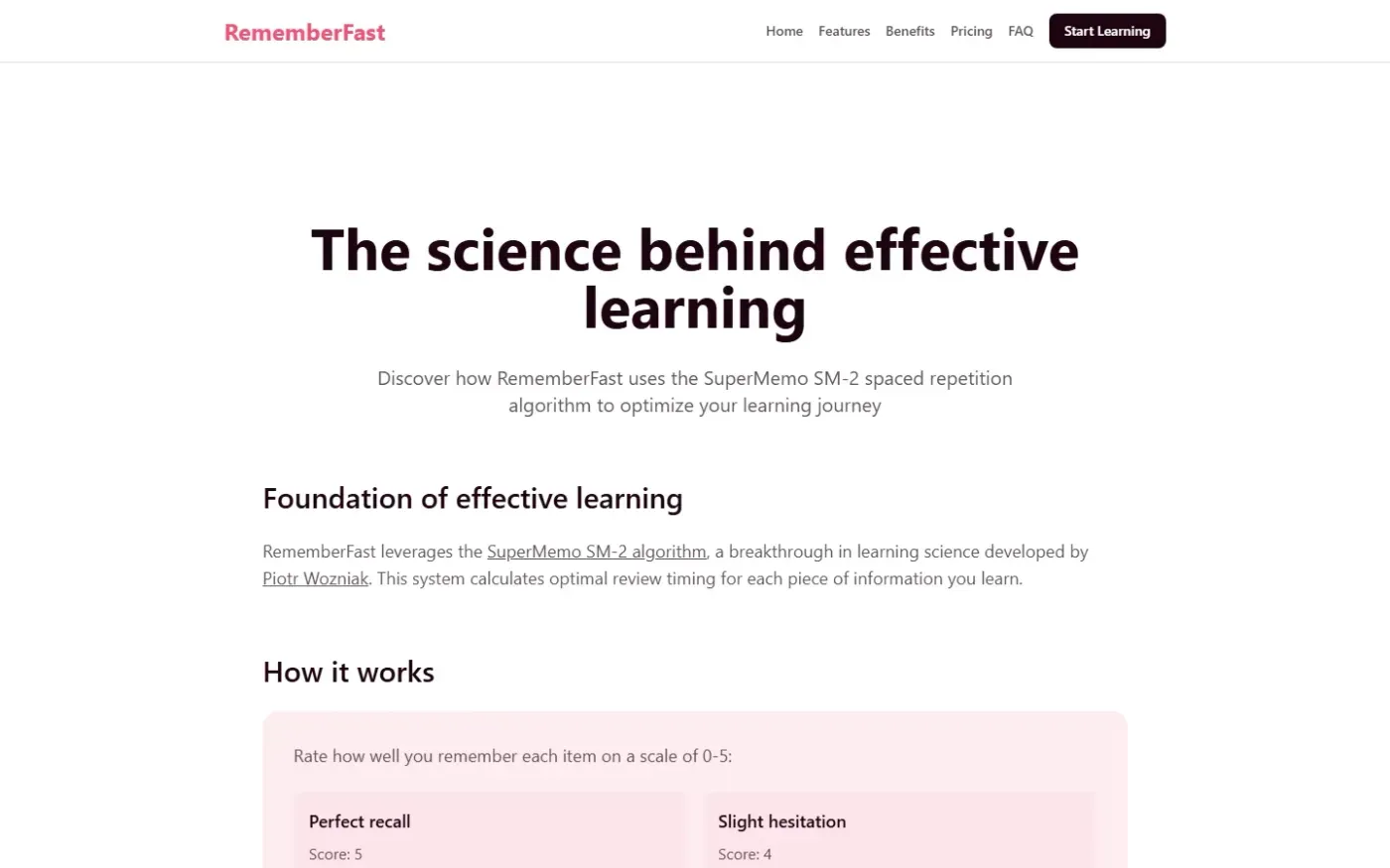Rememberfast — Spaced repetition algorithm page