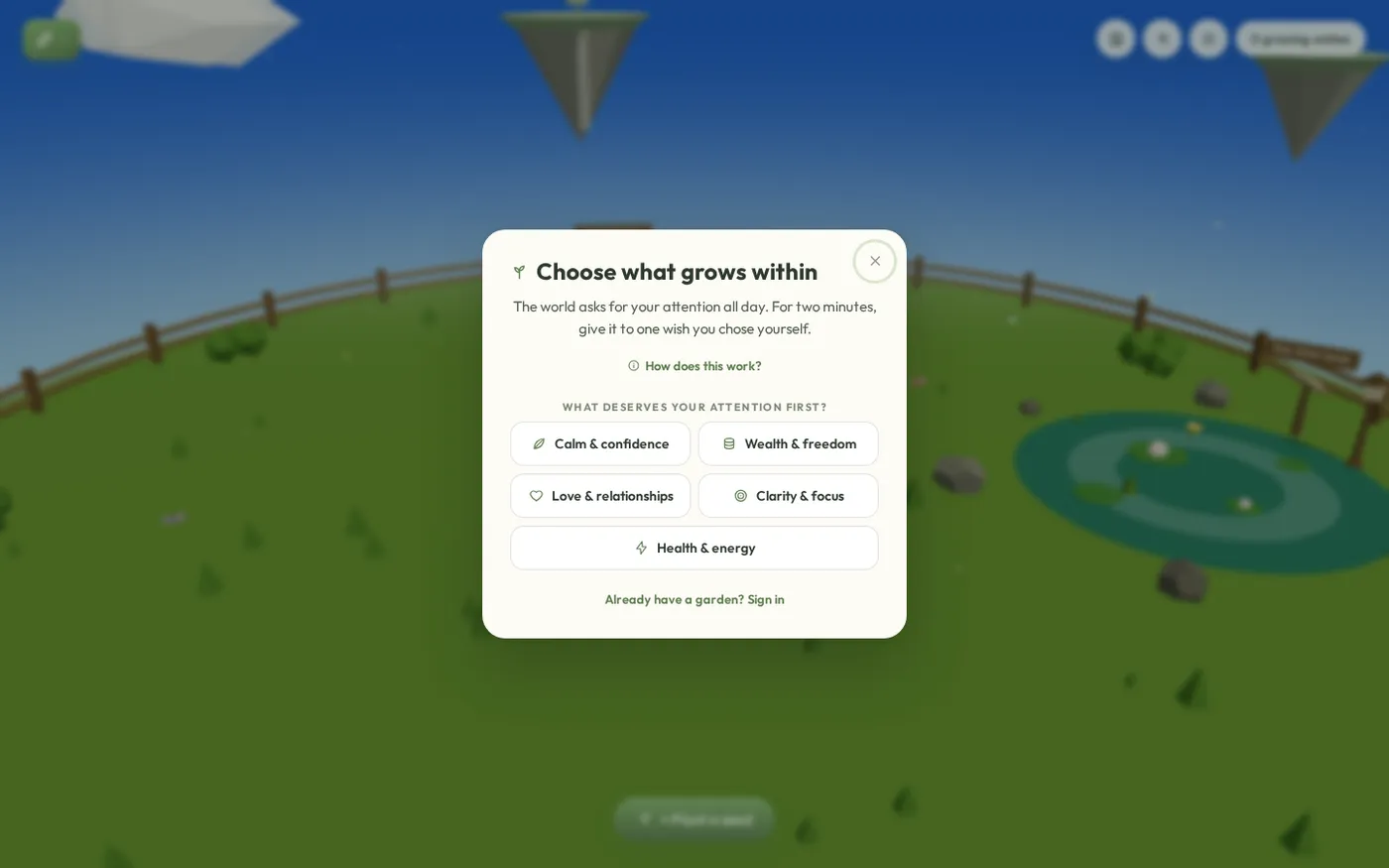 The Garden of Mind — Your subconscious mind as a living 3D garden you water daily — Garden page