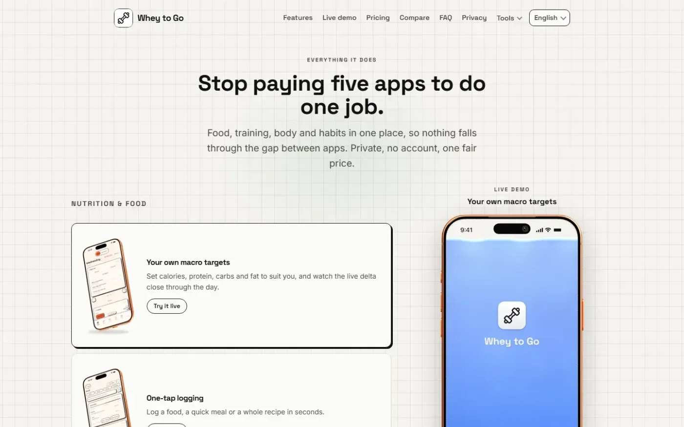 Whey to Go - Calorie & Gym Log — Private food & macro tracker — Features page