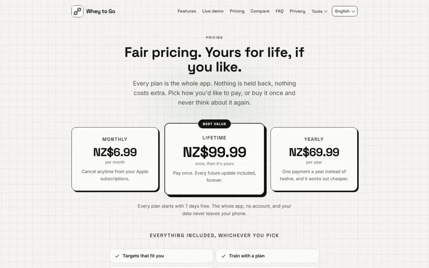 Whey to Go - Calorie & Gym Log — Private food & macro tracker — Pricing page