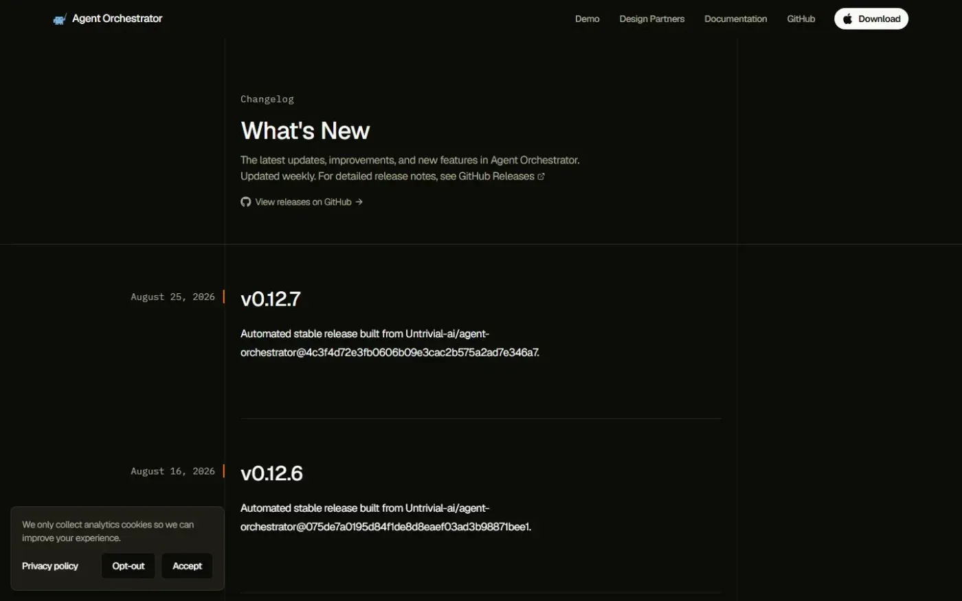 Agent Orchestrator — Your coding agent fleet manager — Changelog page
