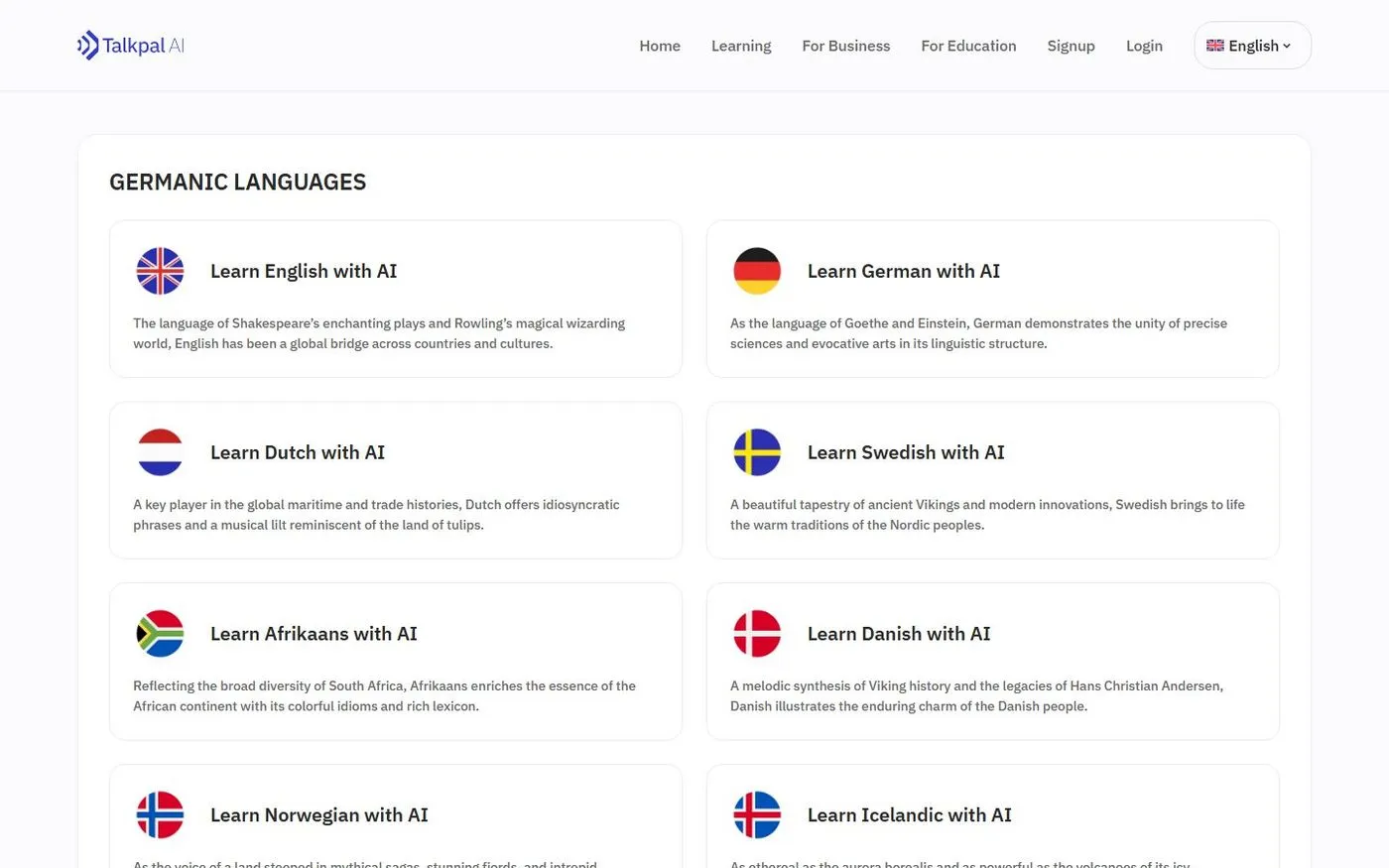 Talkpal — Languages page